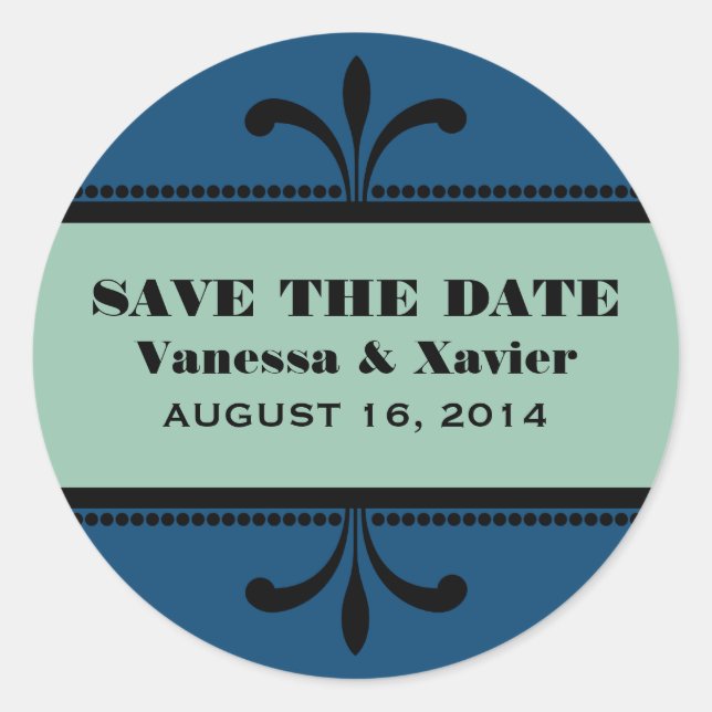 Blue/Jade Fancy Art Deco Save the Date Pegatinas (Anverso)