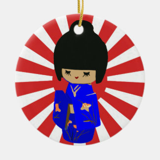 Blue Kawaii Kokeshi Doll ornamento de un lado