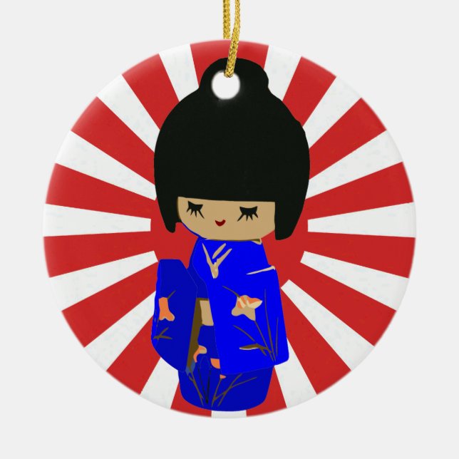 Blue Kawaii Kokeshi Doll ornamento de un lado (Frente)