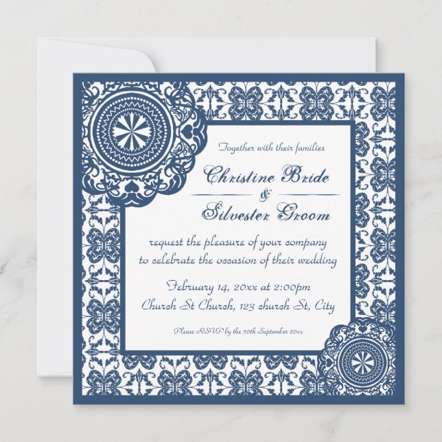 Blue Lace arábico, invitación a boda 5.25x5.25 (Anverso)