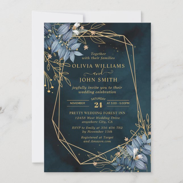 Blue Leave Floral Gold Elegant - Invitación F003 (Anverso)