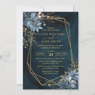 Blue Leave Floral Gold Elegant - Invitación F003