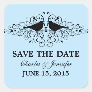 Blue Love Bird Swirls Save the Date Pegatinas