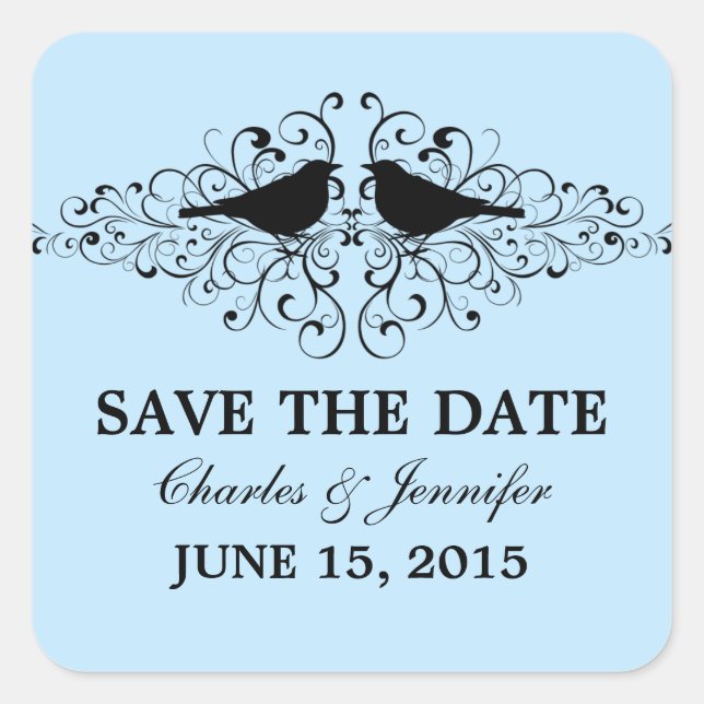 Blue Love Bird Swirls Save the Date Pegatinas (Anverso)