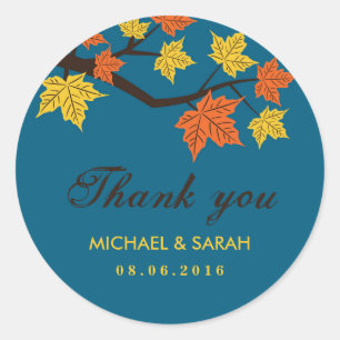 Blue Maple Leaves Fall Wedding Gracias Pegatina