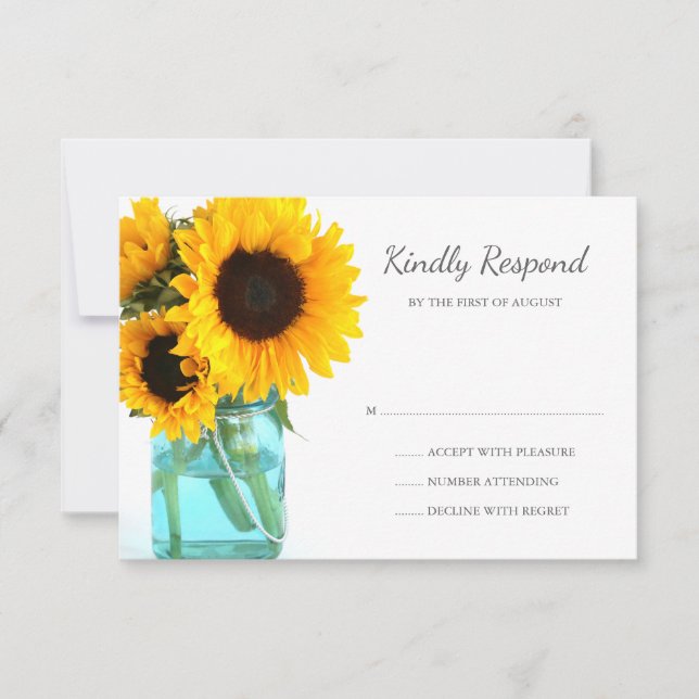 Blue Mason Jar Sunflowers Wedding RSVP (Anverso)