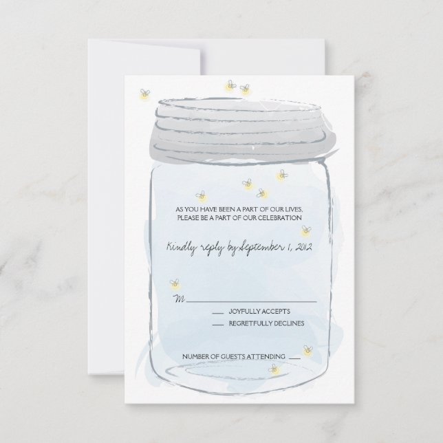 Blue Mason Jar y Fireflies Wedding RSVP (Anverso)