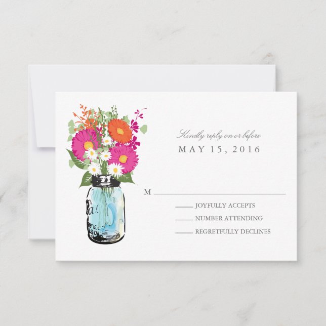 Blue Mason Jar y Gerber Daisies RSVP (Anverso)