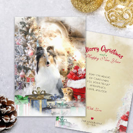 Blue Merle Collie & Kitty, Feliz Navidad - Tarjeta
