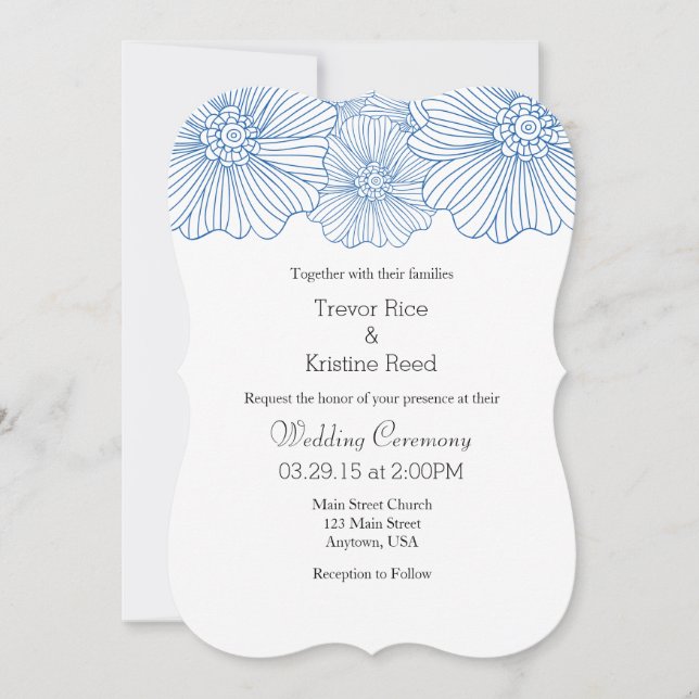 Blue Mod Flower Outlines Invitaciones de boda (Anverso)