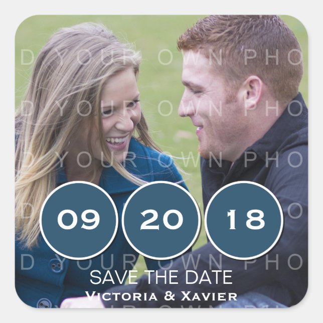 Blue Modern Circles Photo Save the Date Pegatinas (Anverso)