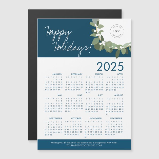 Blue Modern Wreath Your Logo aquí Calendario 2025 (Anverso/Reverso)