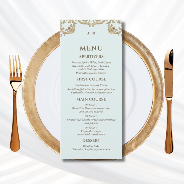 Blue Monogram Baroque Christian Wedding Menu (Subido por el creador)
