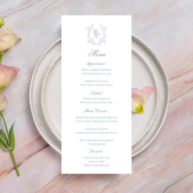 Blue Monogram Crest Wedding Reception Menu Card (Subido por el creador)