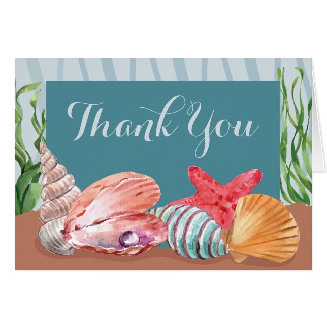 Blue Nautical Seashell Beach Wedding Gracias (Anverso (Horizontal))
