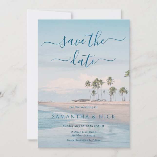Blue Ocean Beach Wedding Save The Date Card (Anverso)