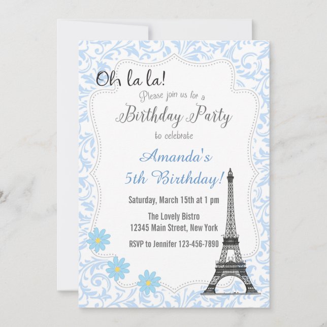 Blue Paris Romántic Birthday Invitación (Anverso)
