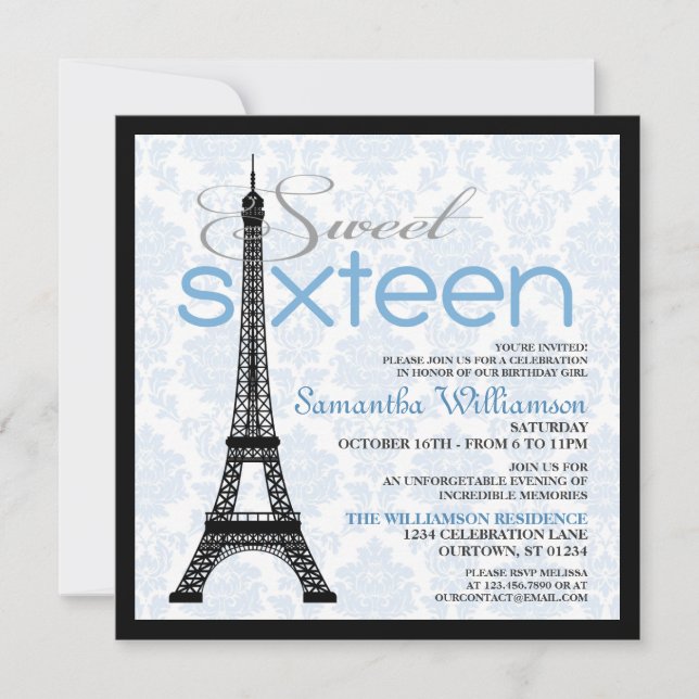 Blue Paris Sweet 16 invitaciones (Anverso)