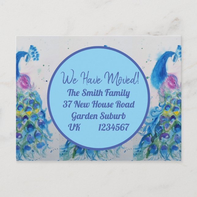 Blue Peacock Art Nueva dirección Postal móvil (Anverso)