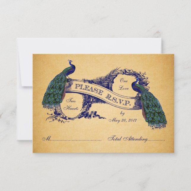 Blue Peacocks Vintage Wedding RSVP CARD (Anverso)