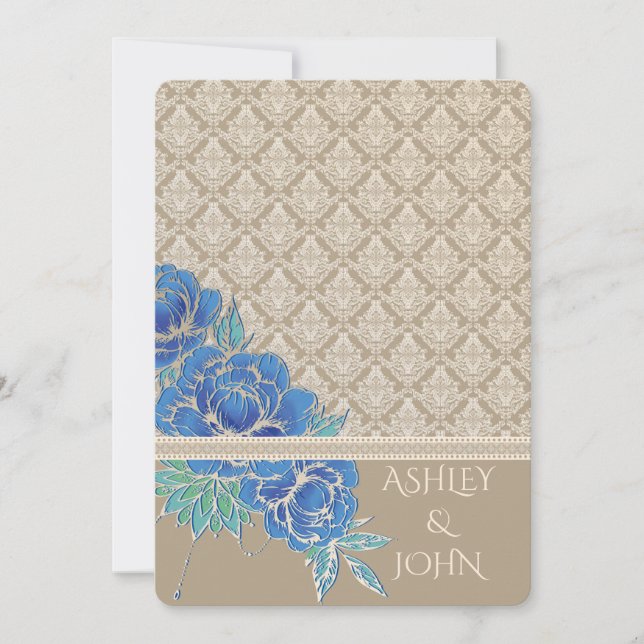 BLUE PEONIES & DAMASK ~ Tarjeta de invitación (Anverso)