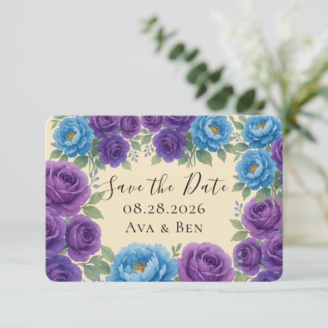 Blue Peony & Fig Purple Rosa Guardar Las Tarjetas  (Anverso de pie)