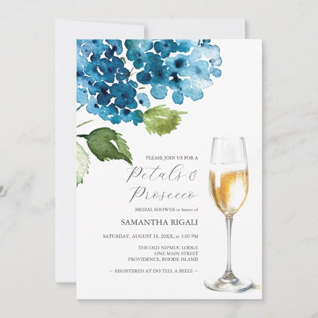Blue Petals and Prosecco Bridal Shower Invitations (Anverso)
