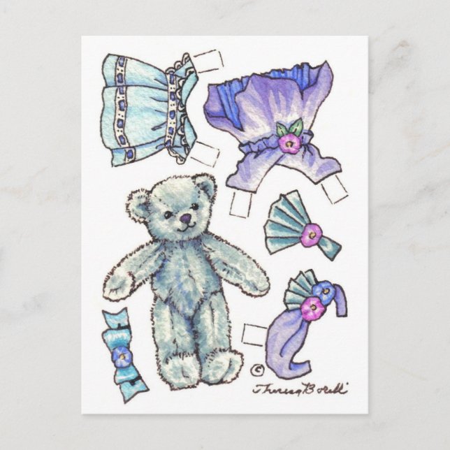 Blue Petunia Teddy Bear Paper muñeca linda postal (Anverso)