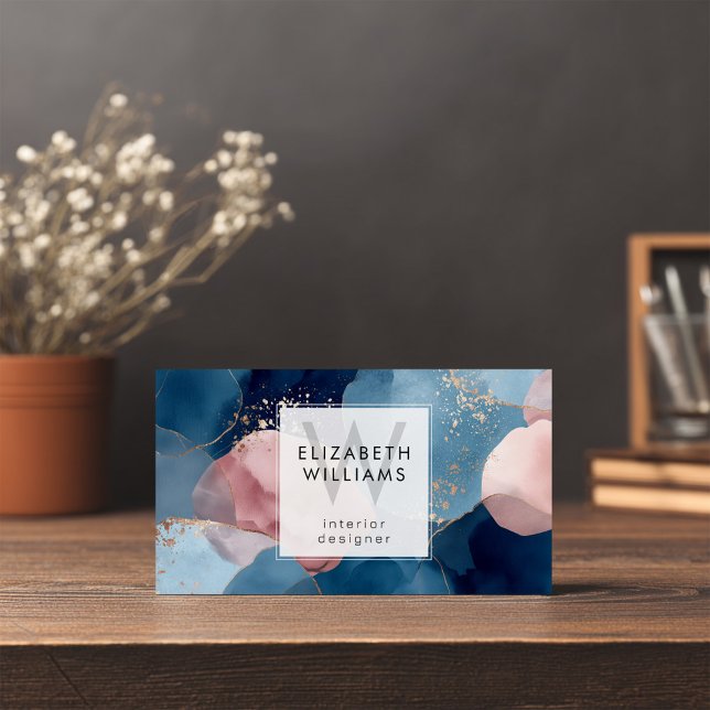 Blue Pink Gold Monogram Modern Business Card (Subido por el creador)