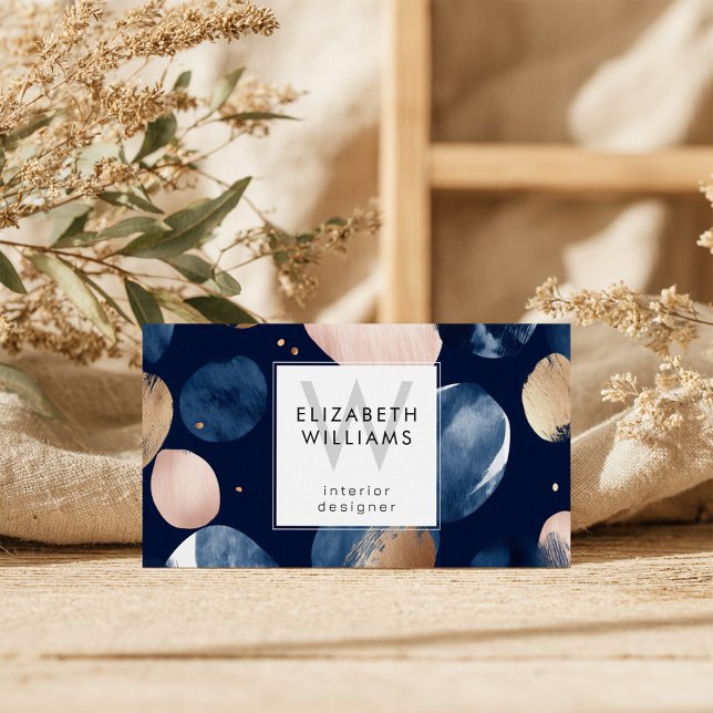 Blue Pink Gold Monogram Modern Business Card (Subido por el creador)