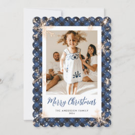 Blue Plaid Sparkly Snowflake Foto Feliz Navidad