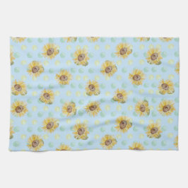 Blue Polka Dot Watercolor Sunflower Kitchen Toalla