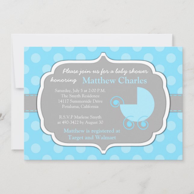Blue Polka Dots Baby Boy Invitación a Baby Shower (Anverso)