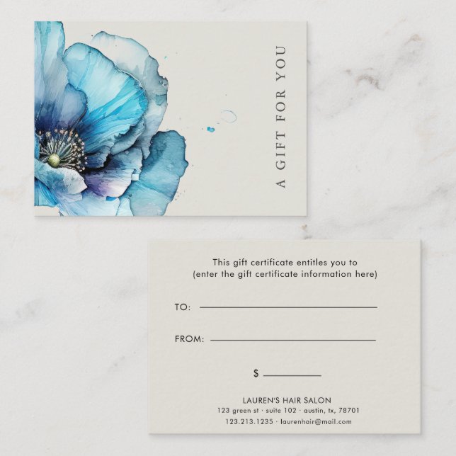 Blue Poppy Floral Elegant Gift Certificado (Anverso / Reverso)