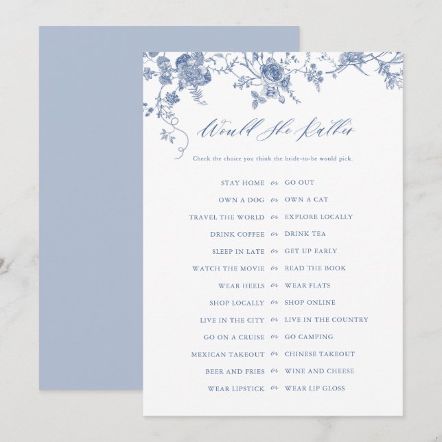 Blue Prefiere Tarjetas De Juegos De Ducha De Novia (Anverso / Reverso)