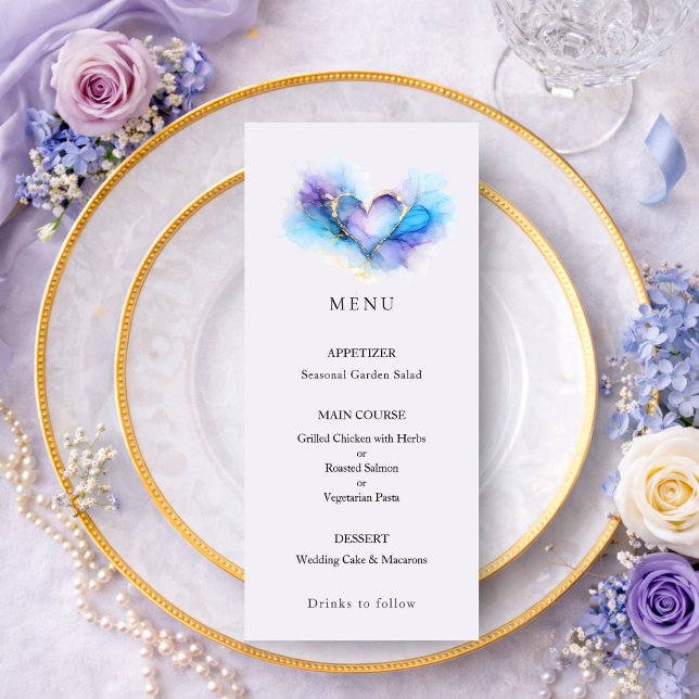 Blue Purple Gold Abstract Heart Wedding Menu (Subido por el creador)
