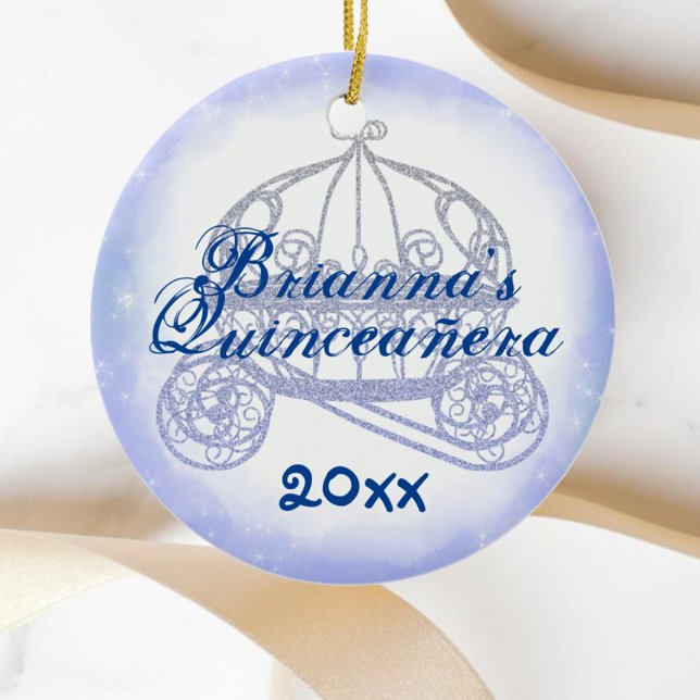 Blue Quinceanera Keepsake Ornamento de Navidad (personalized light dusty blue quinceanera christmas ornament princess gift horse carriage cute)