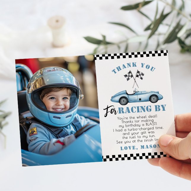 Blue Race Car Photo Birday Tarjeta de agradecimien (Subido por el creador)