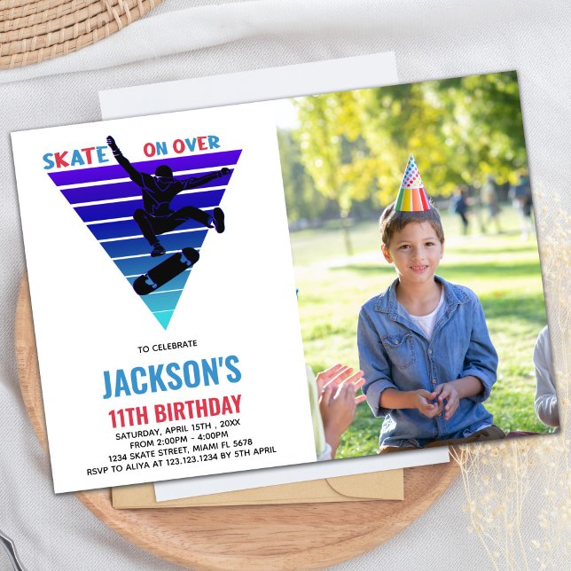 Blue Red Photo Skateboards Invitaciones de cumplea (Blue Red Photo Skateboards Birthday Invitations)
