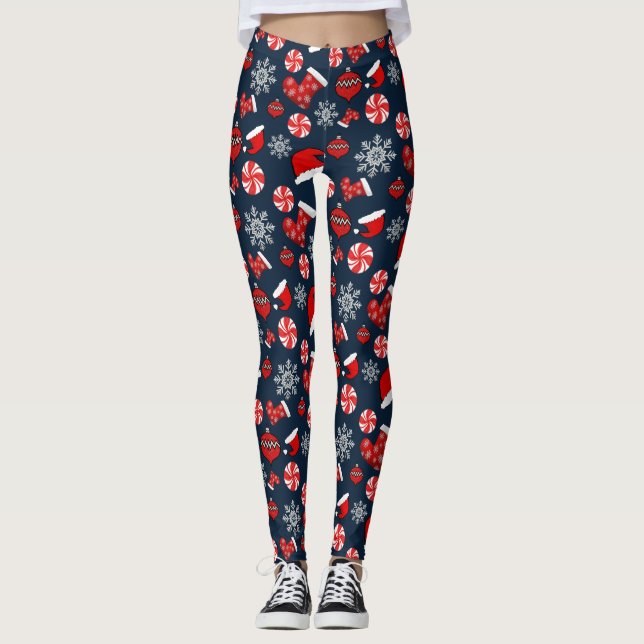 Blue Red White Merry Christmas Leggings (Anverso)