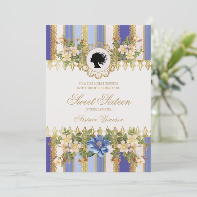 Blue Regency Era Sweet 16 Invitaciones (Anverso de pie)