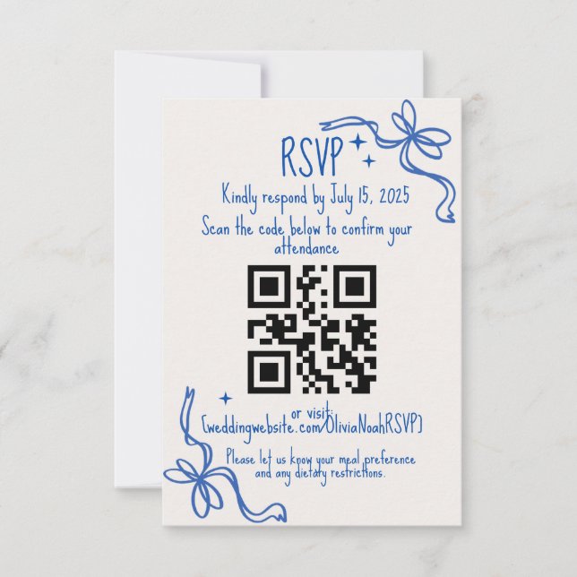 Blue Ribbon QR Wedding RSVP Card (Anverso)