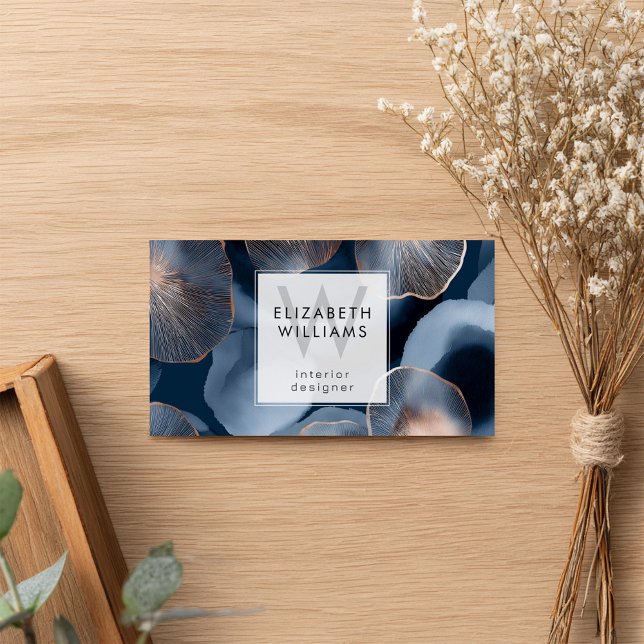 Blue Rose Gold Monogram Modern Business Card (Subido por el creador)