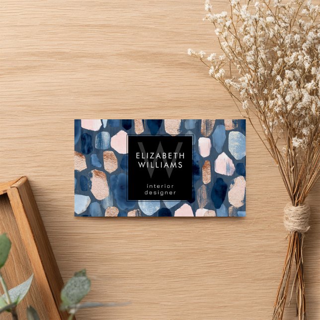 Blue Rose Gold Monogram Modern Business Card (Subido por el creador)