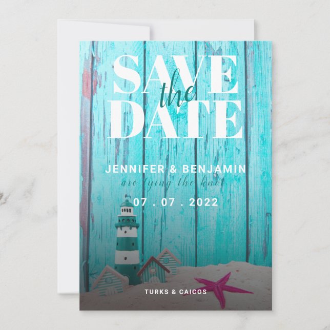 Blue Rustic Wood Beach Wedding Save The Date (Anverso)
