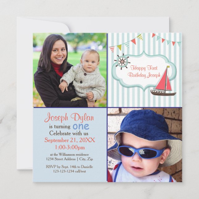 Blue Sailboat 2 niños de foto - Invitación de cump (Anverso)