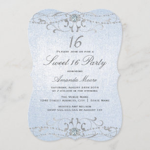Blue Shimmer Diamond Damask Sweet 16 Invitación