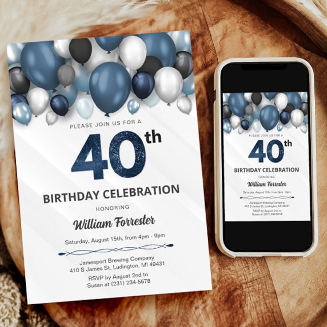 Blue Silver Invitación a los 40 Años en Blanco y N (Blue Silver Black & White 40th Birthday Invitation)