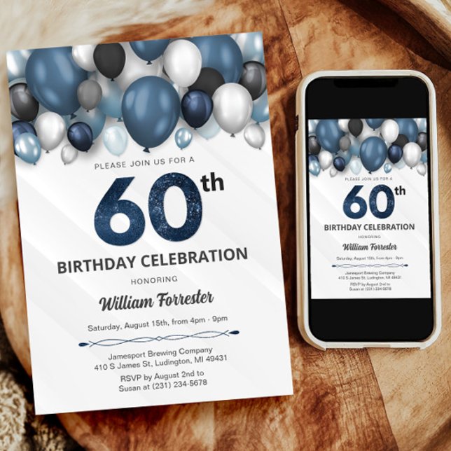 Blue Silver Invitación a los 60 Años en Blanco y N (Blue Silver Black & White 60th Birthday Invitation)