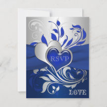 Blue, Silver Scrolls, Hearts RSVP Card